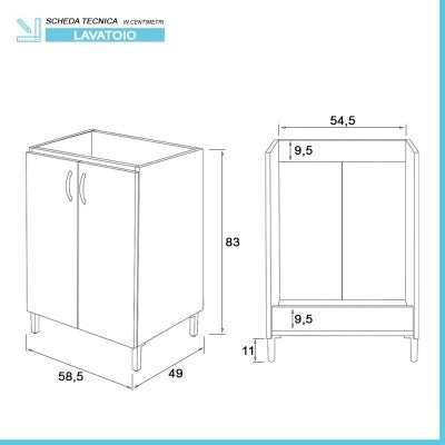 Mobile lavatoio 60x50 cm bianco in ceramica con strofinatoio integrato