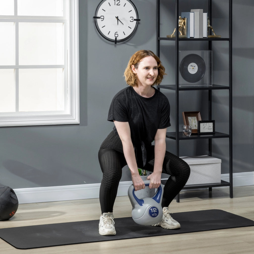 EasyComfort Kettlebell 12kg in PU e Sabbia con Base Piatta e Impugnatura per Stacchi, Squat e Sollevamenti, 24x17x28 cm, Blu