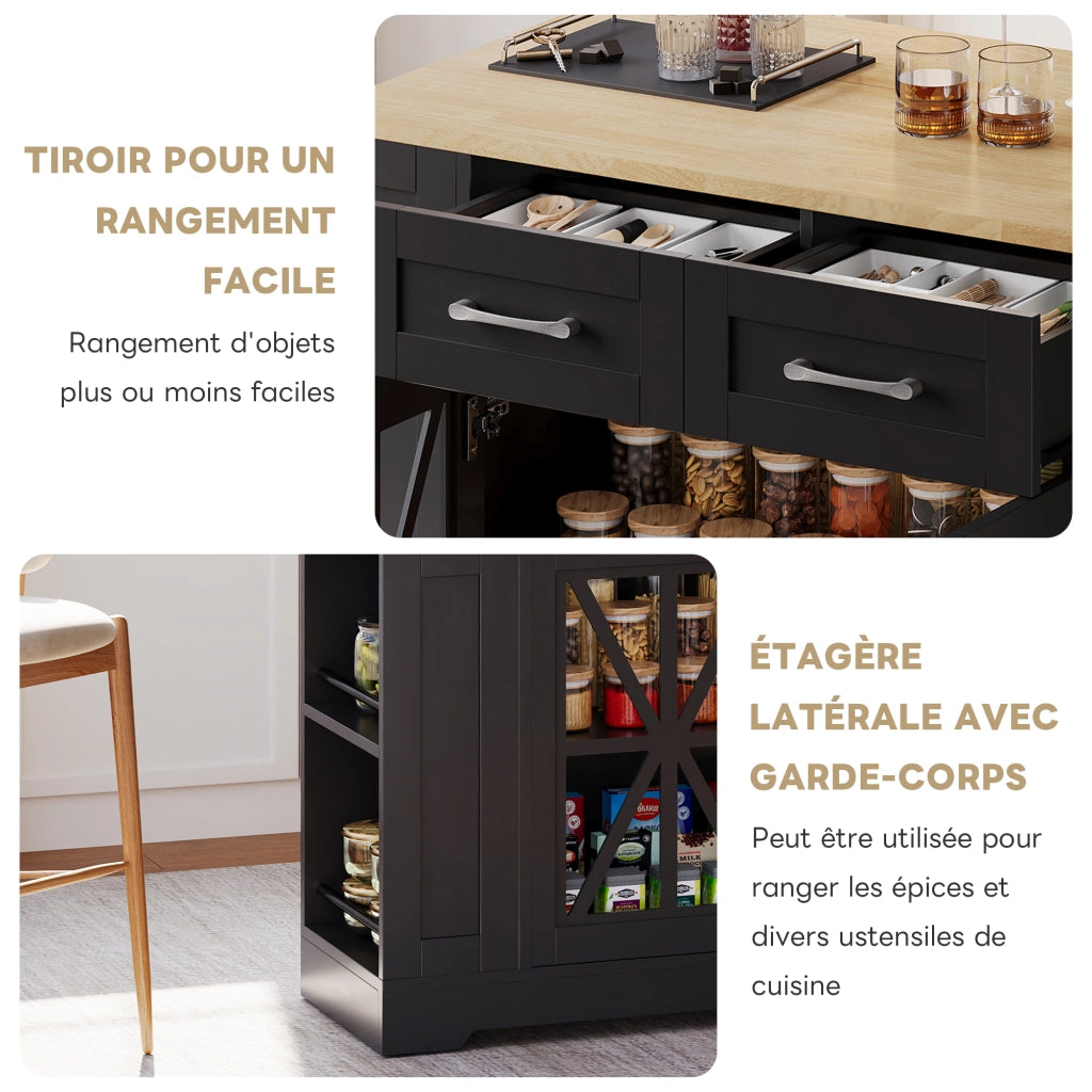 Carrello da Cucina con 2 Ante in Vetro; 6 Ripiani Aperti; Tavolo Ribaltabile; Prese AC e USB; 120x40x92 cm