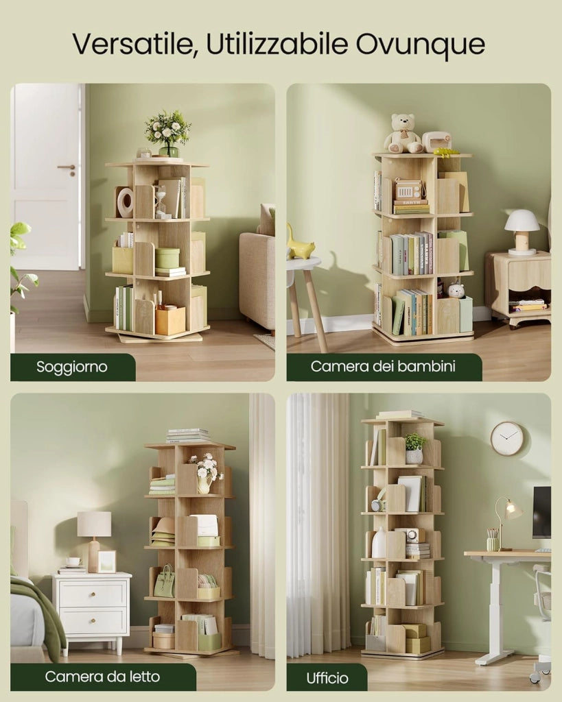 Libreria Girevole a 5 Livelli, Libreria Alta e Stretta, Scaffale d'Angolo a Pavimento, Scaffale Girevole per Libri, Rovere Chiaro