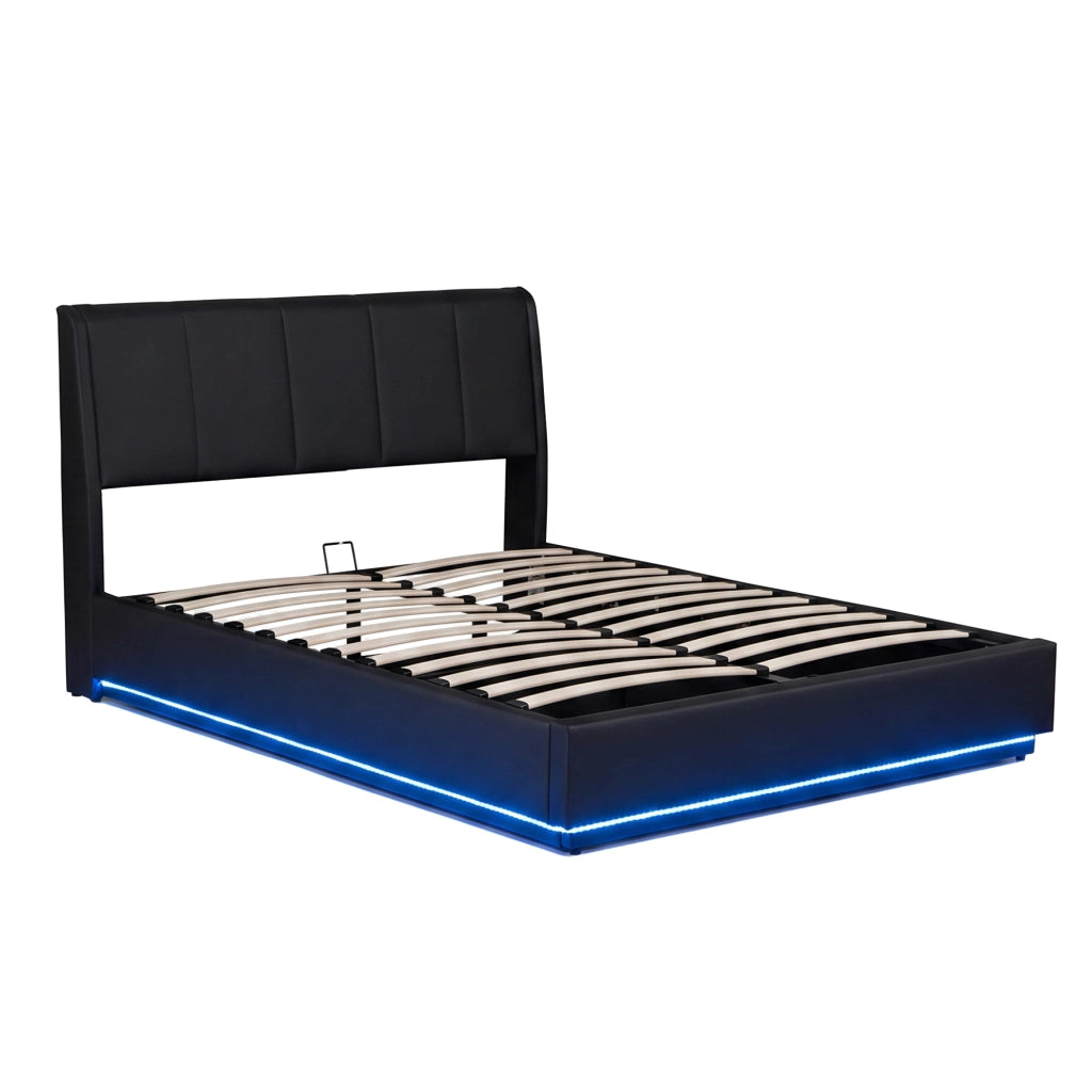 Letto Francese Contenitore Tröstiar con Apertura a Ribalta e Luce LED 140x200 cm - Similpelle Nero [en.casa]
