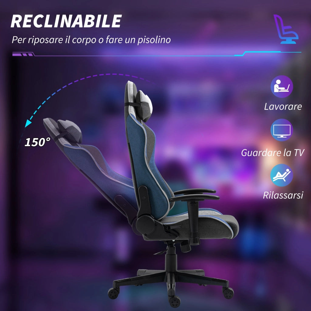 Sedia da Gaming 66x53x128-138 cm Reclinabile a 150°  Blu