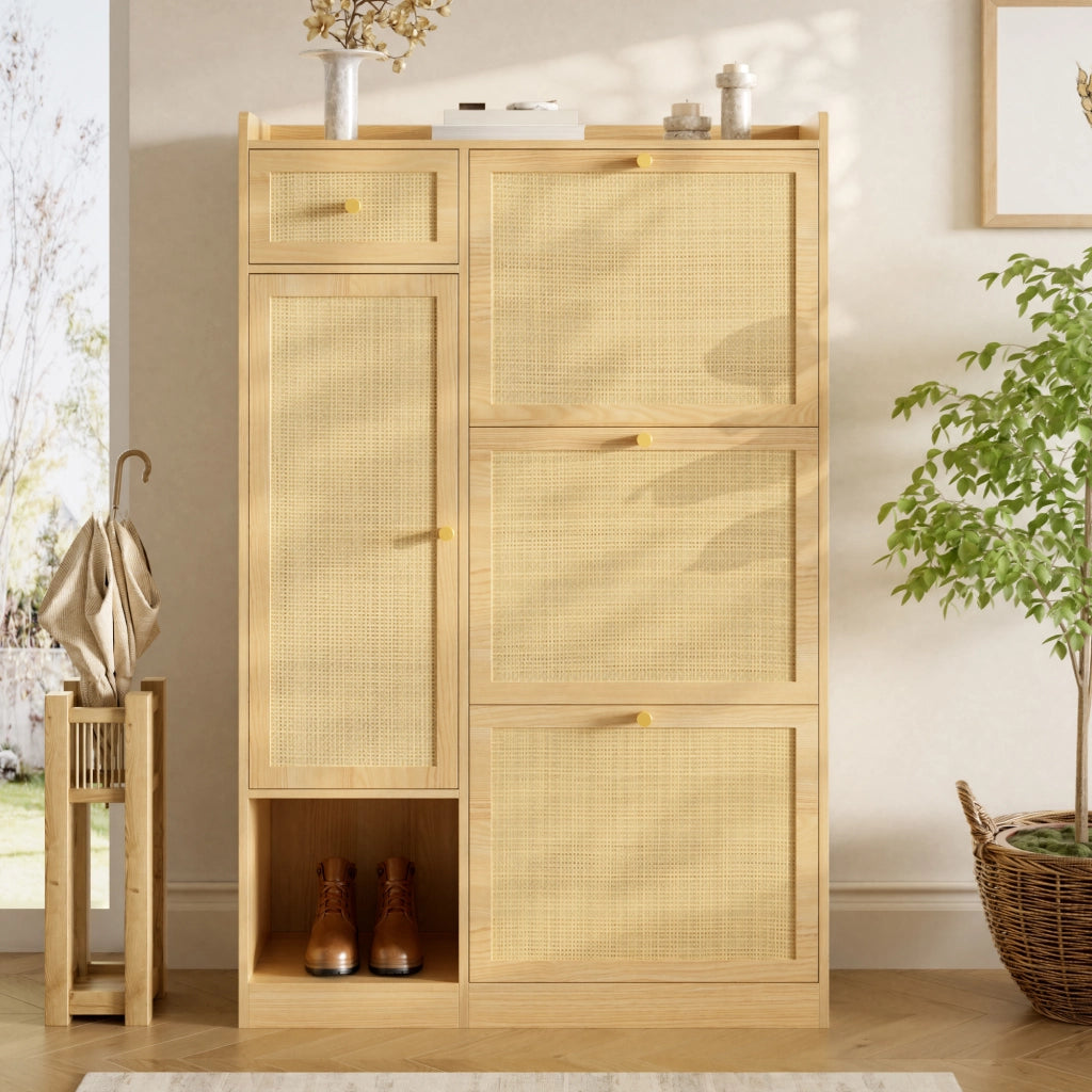 Scarpiera slim in stile rattan con 3 ante ribaltabili, cassetto e vano laterale, 80,5 ¡Á 25 ¡Á 125 cm, colore naturale