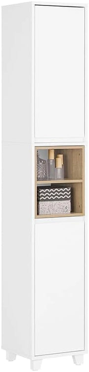 Mobile Bagno Alto e Stretto – Armadietto Salvaspazio con Ripiani Aperti e Ante – Mobiletto Bagno Bianco in MDF/PB, 30x170x30 cm, Modello BZR147-W