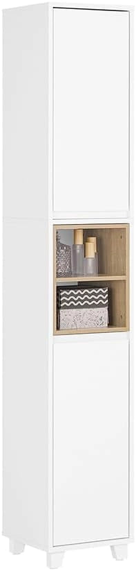 Mobile Bagno Alto e Stretto – Armadietto Salvaspazio con Ripiani Aperti e Ante – Mobiletto Bagno Bianco in MDF/PB, 30x170x30 cm, Modello BZR147-W