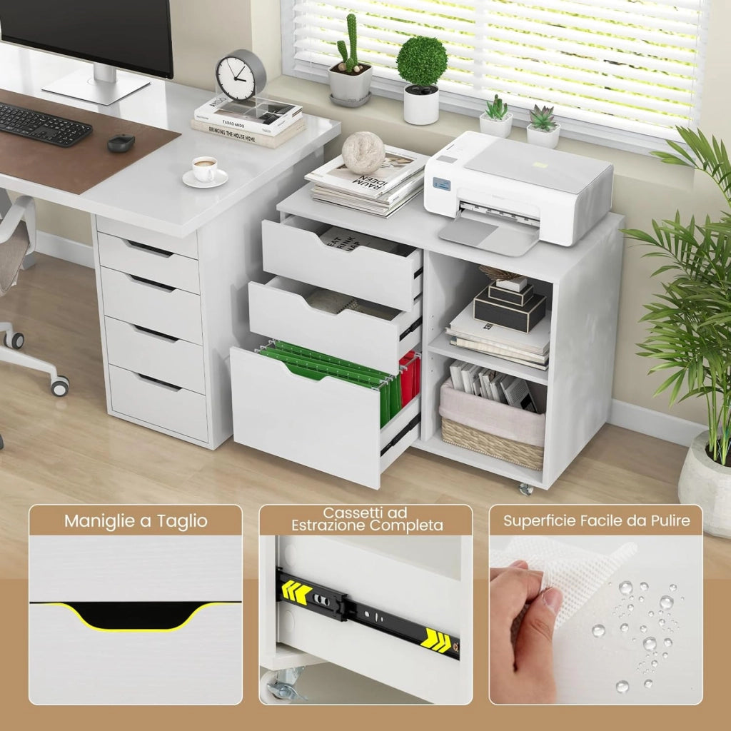 Cassettiera Ufficio, Mobiletto Rimovibili in Legno con 3 Cassetti Regolabili, 2 Scomparti e Ruote con Freno, Credenza Multiuso per Soggirno e Ingresso (Bianco)