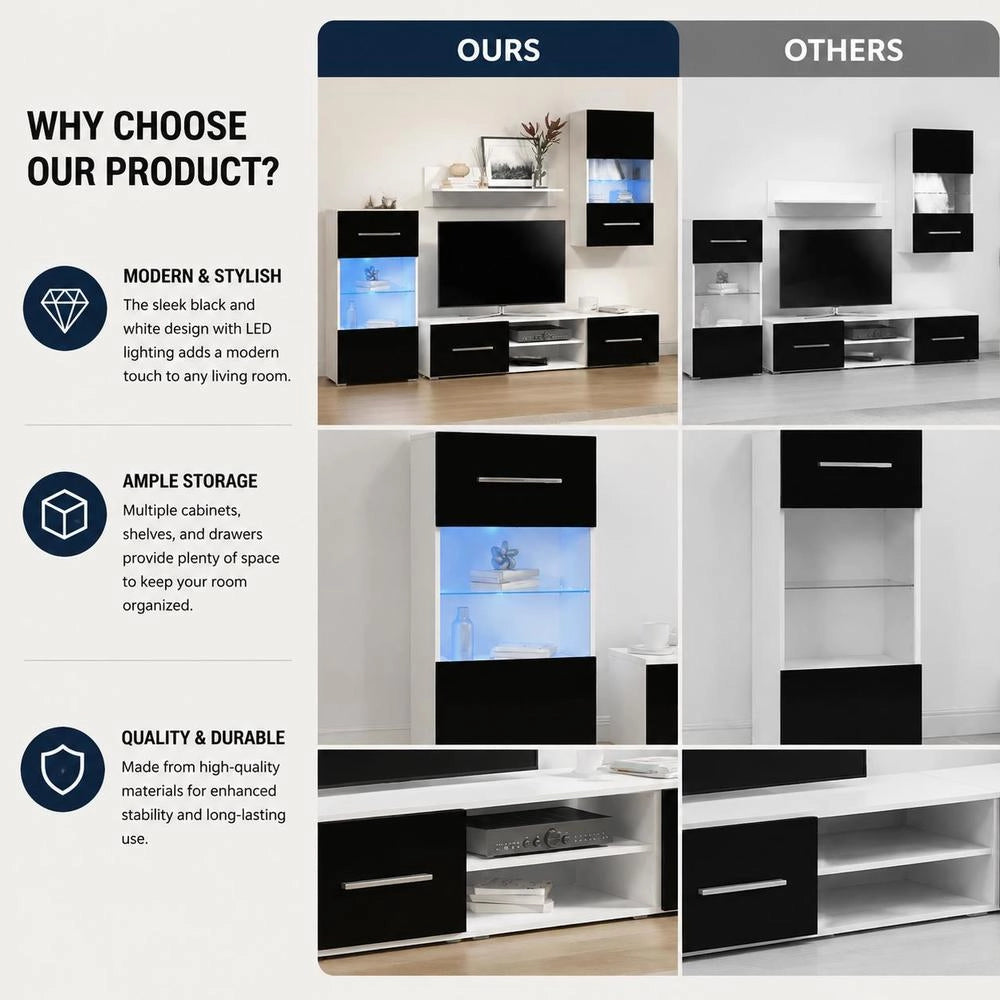 Five-piece Wall Unit TV Cabinet With LED Lighting Black