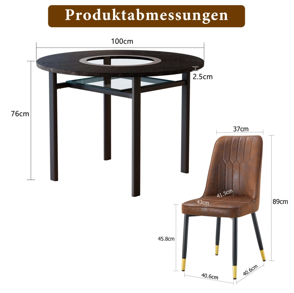 Set tavolo rotondo Ø100 cm con sedie marroni e struttura nera