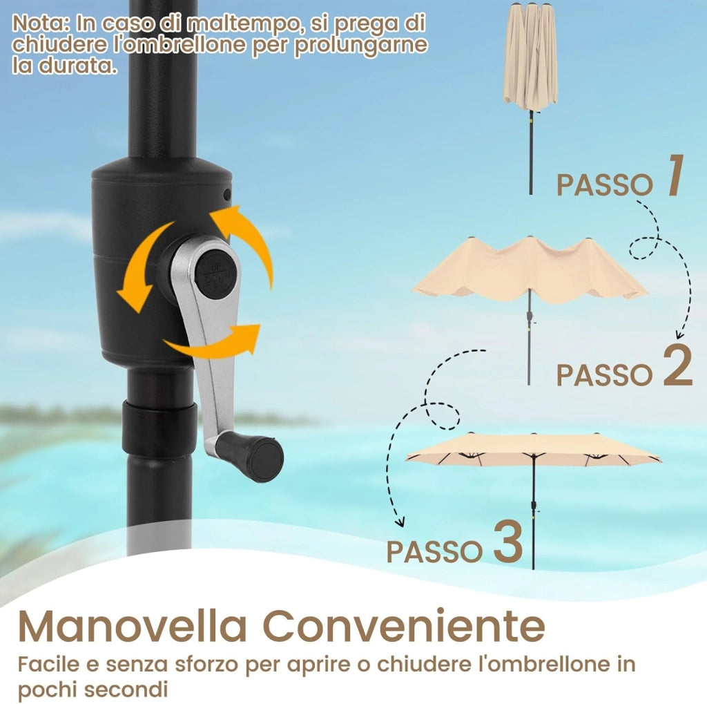 Ombrellone da Giardino Doppio 380 cm, con Manovella e 12 Stecche, Ombrello Rettangolare Pieghevole, per Giardino Piscina Terrazza, 380 x 200 x 222 cm (Beige, Senza Luci)