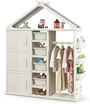 Armadio per Bambini, Organizzatore a Forma di Casa con 1 Lavagna, 3 Armadietti, 4 Cestini, 3 Cubi Chiusi e 3 Cestini Laterali, Armadietto Salvaspazio per Camera da Letto e Soggiorno (Bianco)