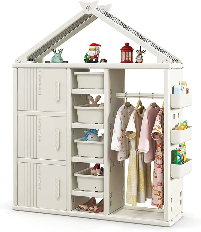 Armadio per Bambini, Organizzatore a Forma di Casa con 1 Lavagna, 3 Armadietti, 4 Cestini, 3 Cubi Chiusi e 3 Cestini Laterali, Armadietto Salvaspazio per Camera da Letto e Soggiorno (Bianco)