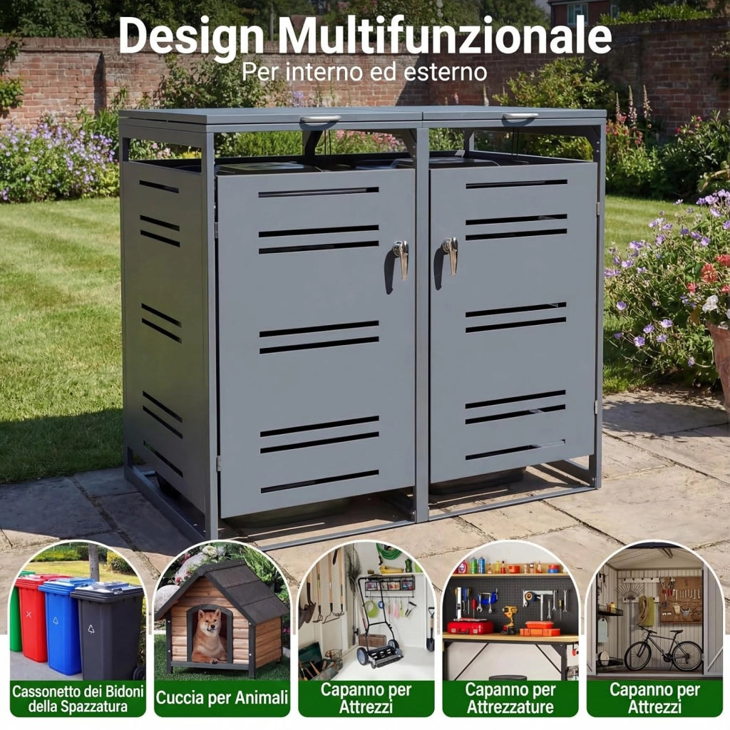Copribidone Spazzatura Esterno 120-240L, Copribidone Doppio con Porte Blocchettabili con Chiavi, Maniglie e Corte, Casetta Pattumiera Differenziata da Patio, Cortile e Giardino (Grigio)
