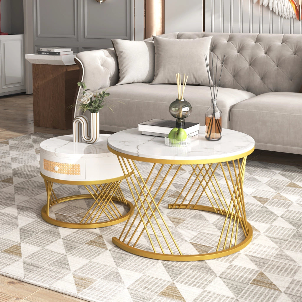 Tavolini da Caffè Impilabili Rotondi con 1 Cassetto; Piano Effetto Marmo; Stile Moderno; in MDF; Bianco; 70×70×45;5 cm