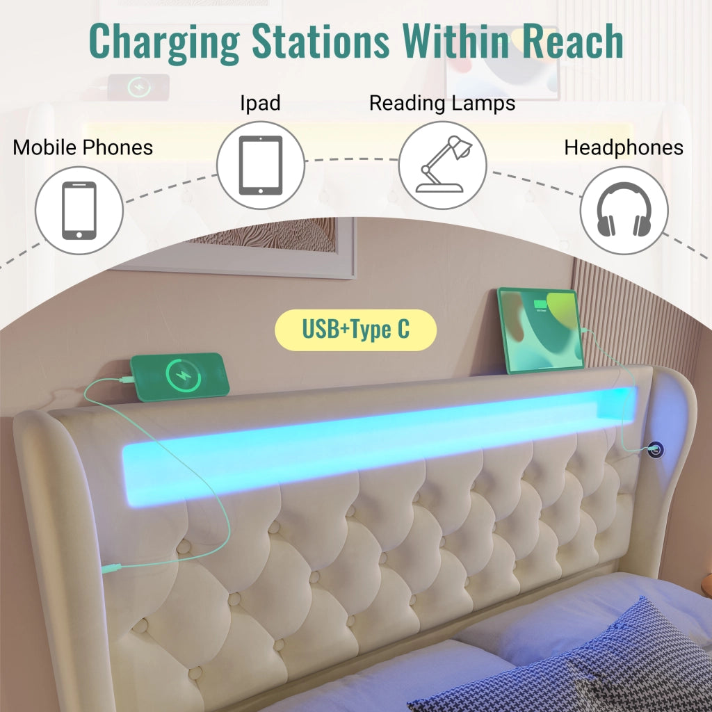 Letto Matrimoniale 140x200 cm con LED; USB e Type-C; Contenitore Idraulico in Velluto