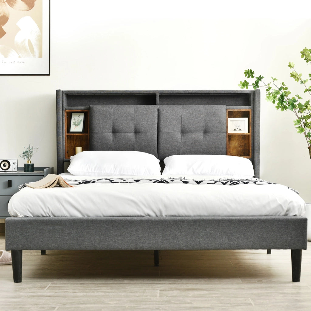 Letto Matrimoniale 140 x 200 cm con Contenitore; USB; Prese e LED; Testiera con Vani; senza Materasso