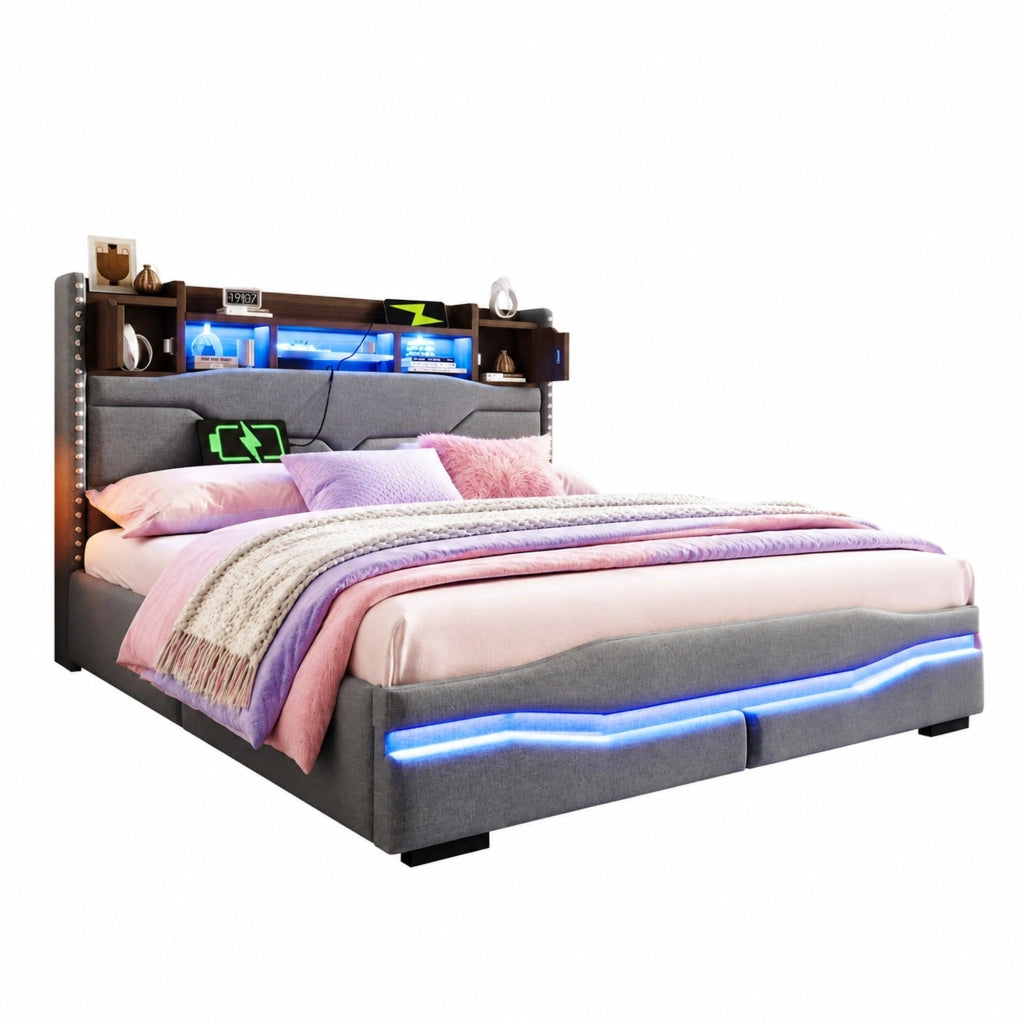 Letto matrimoniale 160x200 cm imbottito in lino grigio con contenitore idraulico e luci LED