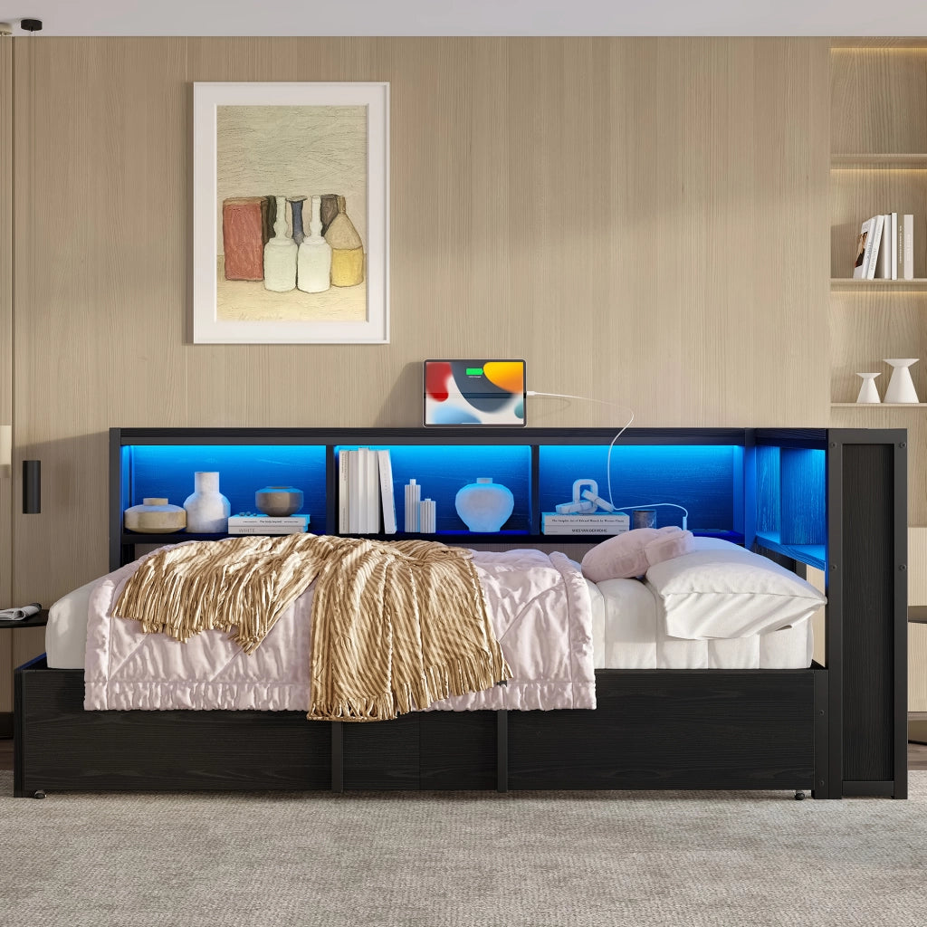 LETTO Con letto estraibile 90x200 cm Metallo e MDF Nero con vani contenitore