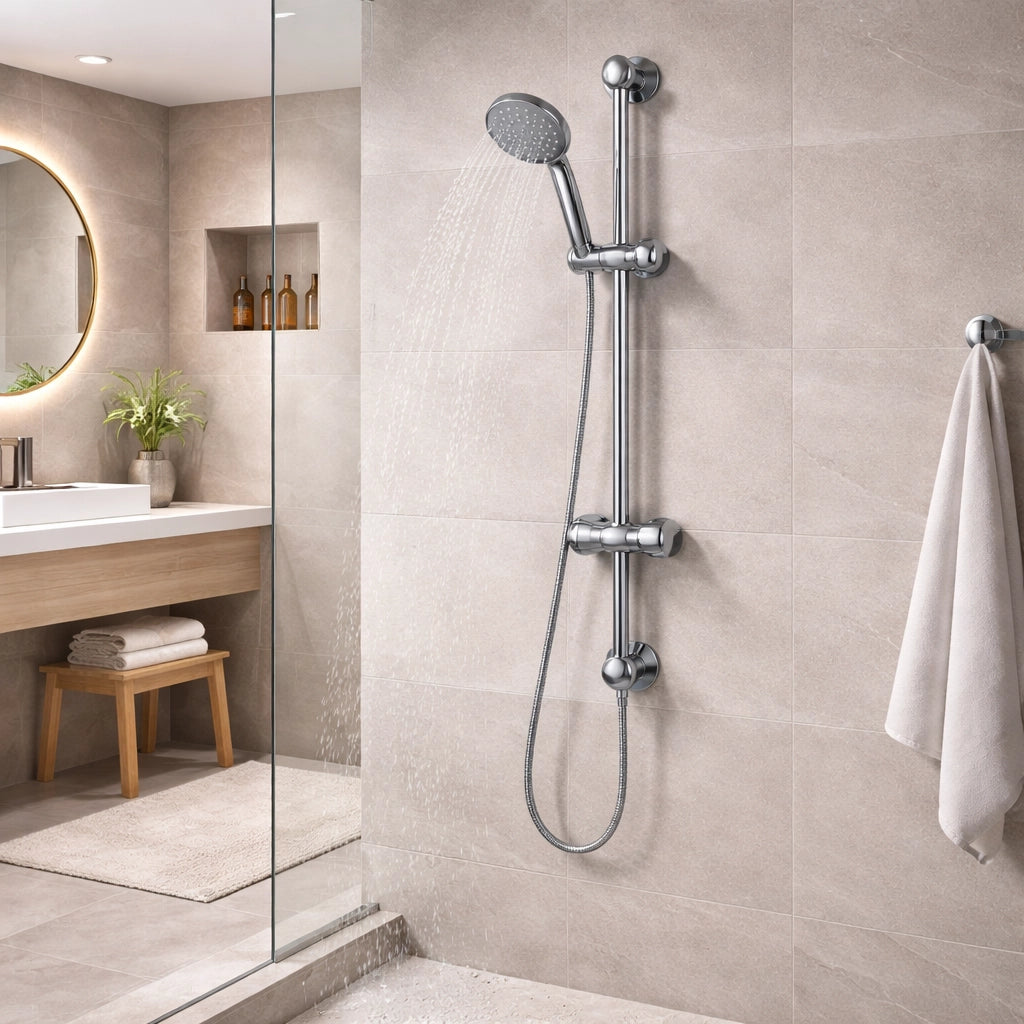 Saliscendi Doccia Cromato 60 cm con Soffione Multigetto Ø8 cm e Portasapone 69131
