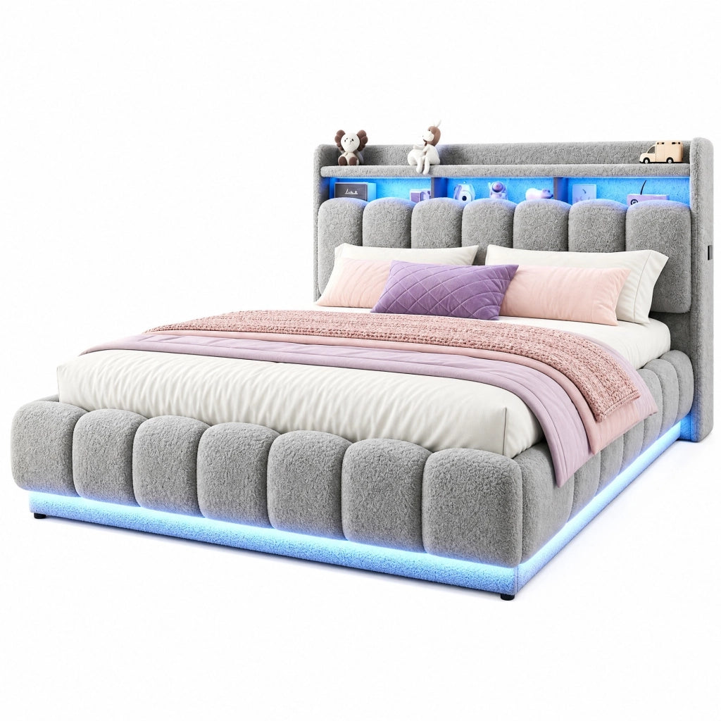 Letto imbottito 180 x 200 cm con contenitore idraulico, LED e presa USB