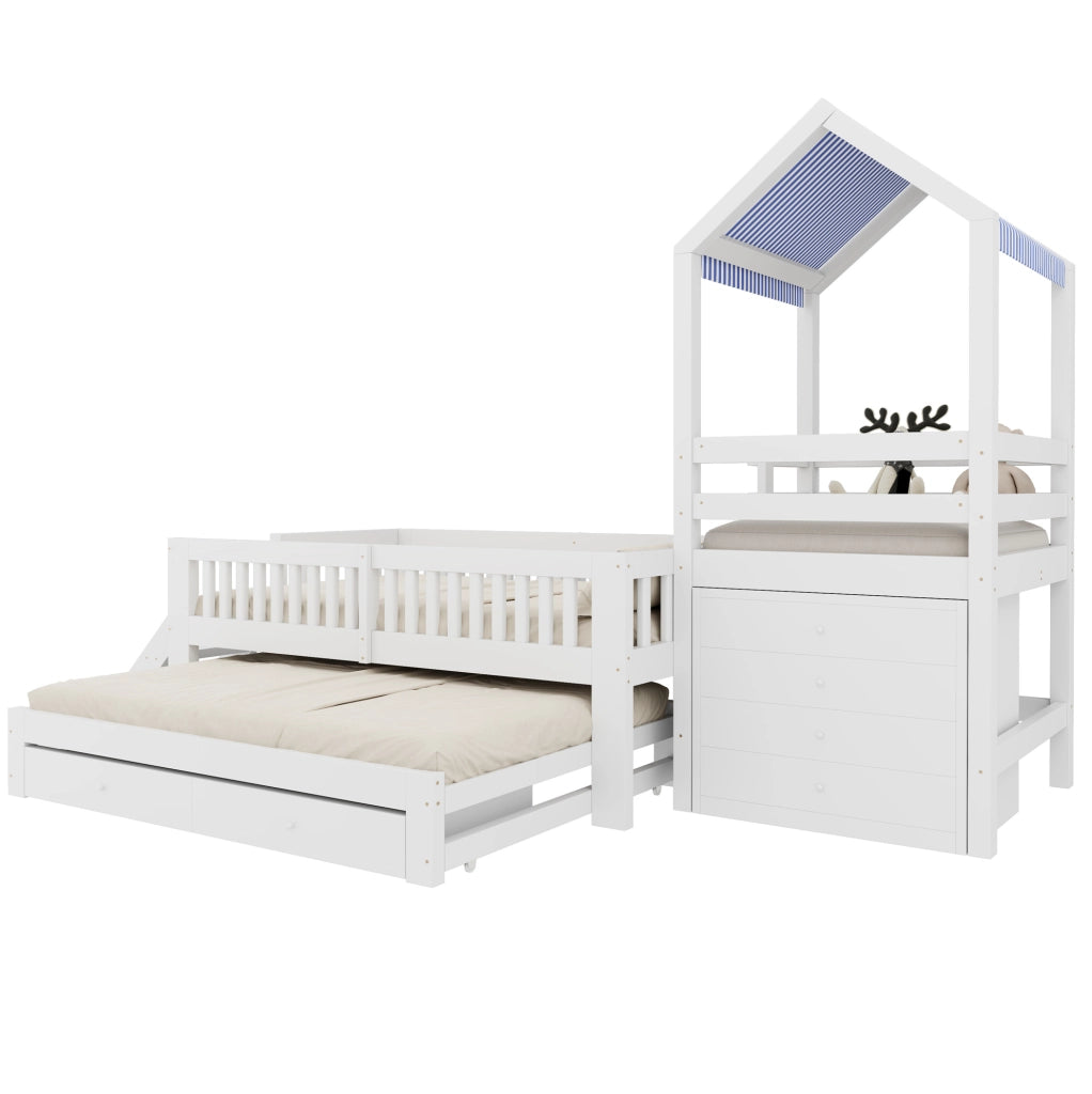 Letto per bambini a casetta 90x200 cm con letto estraibile; scala laterale e cassetti; bianco in legno massello