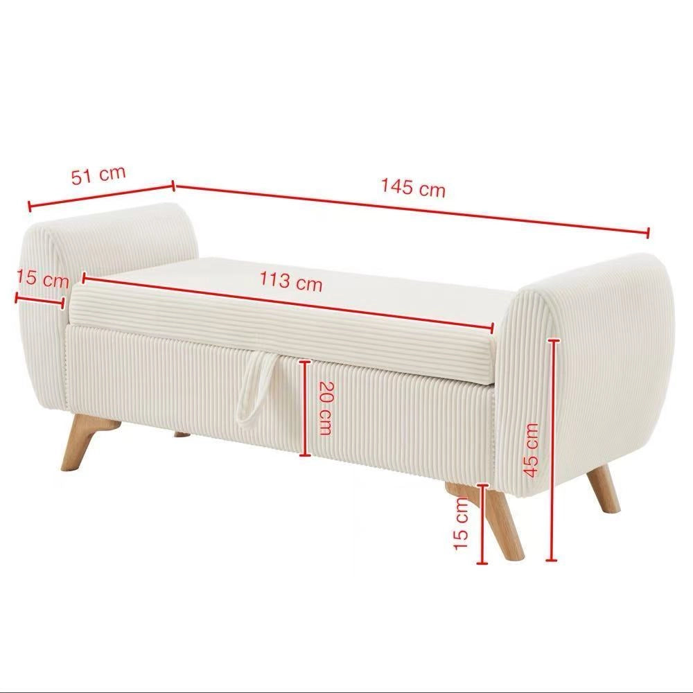 Panca contenitore pieghevole in velluto a coste con gambe in legno e vano interno, beige 145 × 51 × 57 cm
