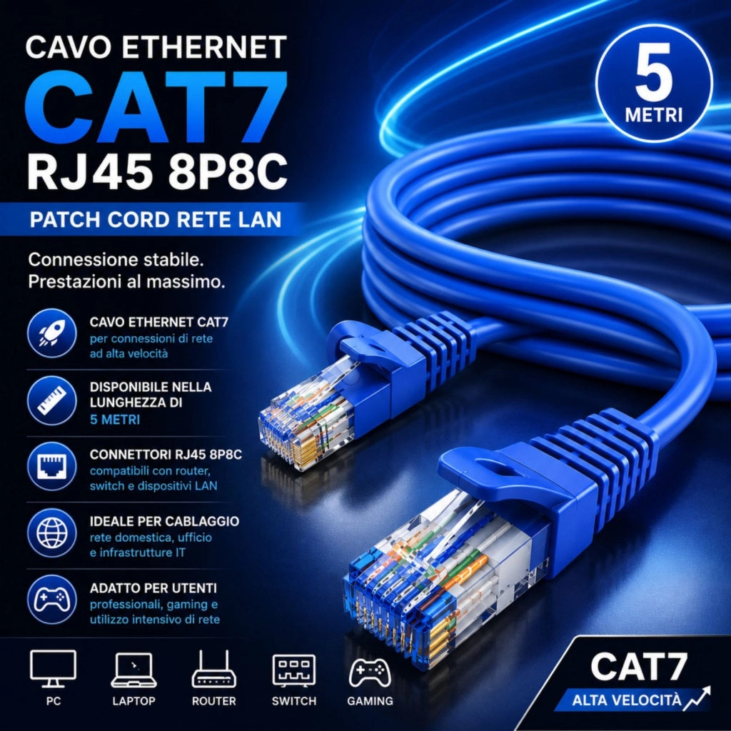 Cavo Ethernet Cat7 RJ45 8P8C, Patch Cord Rete LAN, Disponibile in Lunghezza 5M,10M,20M (5M)