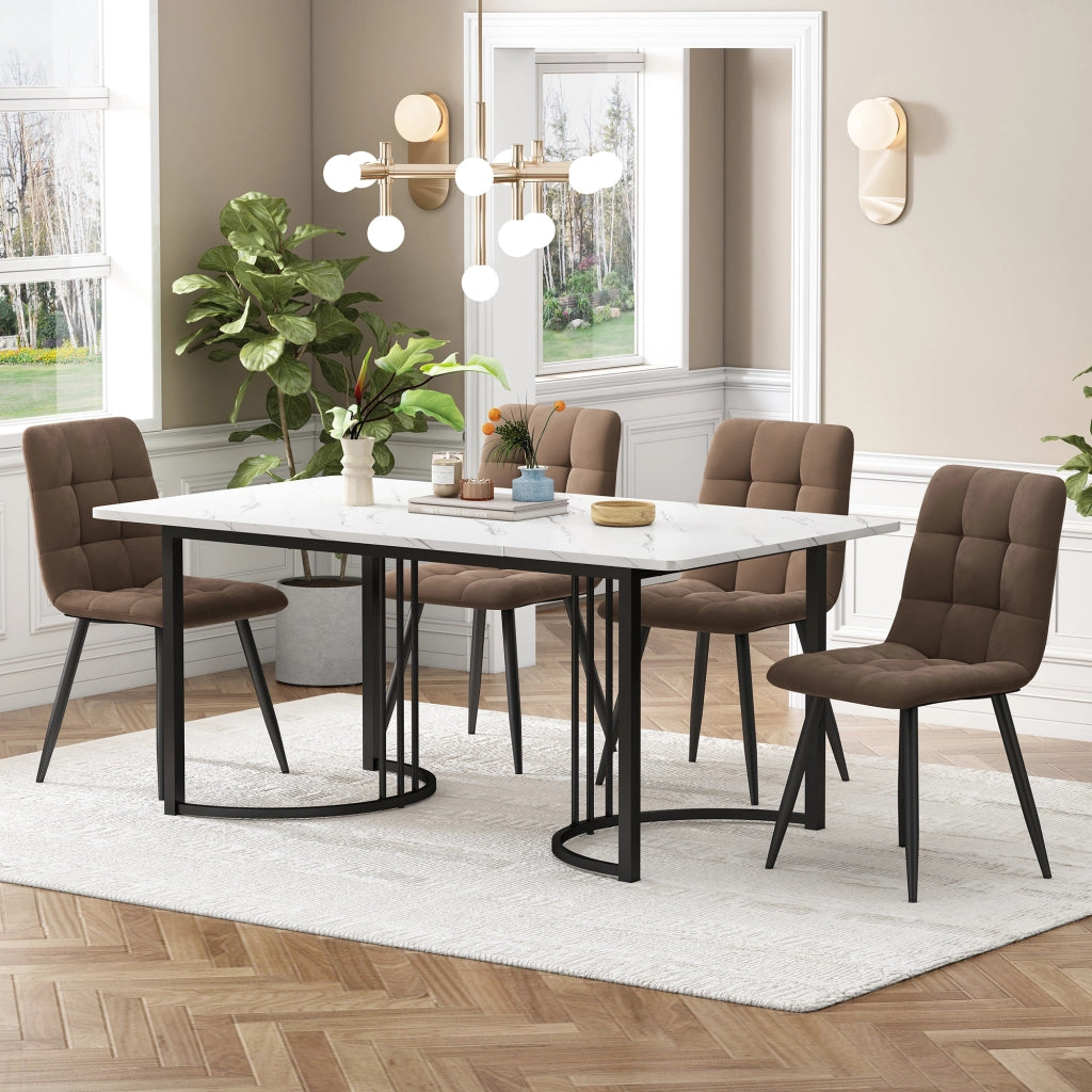 Tavolo da pranzo con 4 sedie in velluto, piano in MDF effetto marmo, per cucina e sala da pranzo, 140 × 80 cm