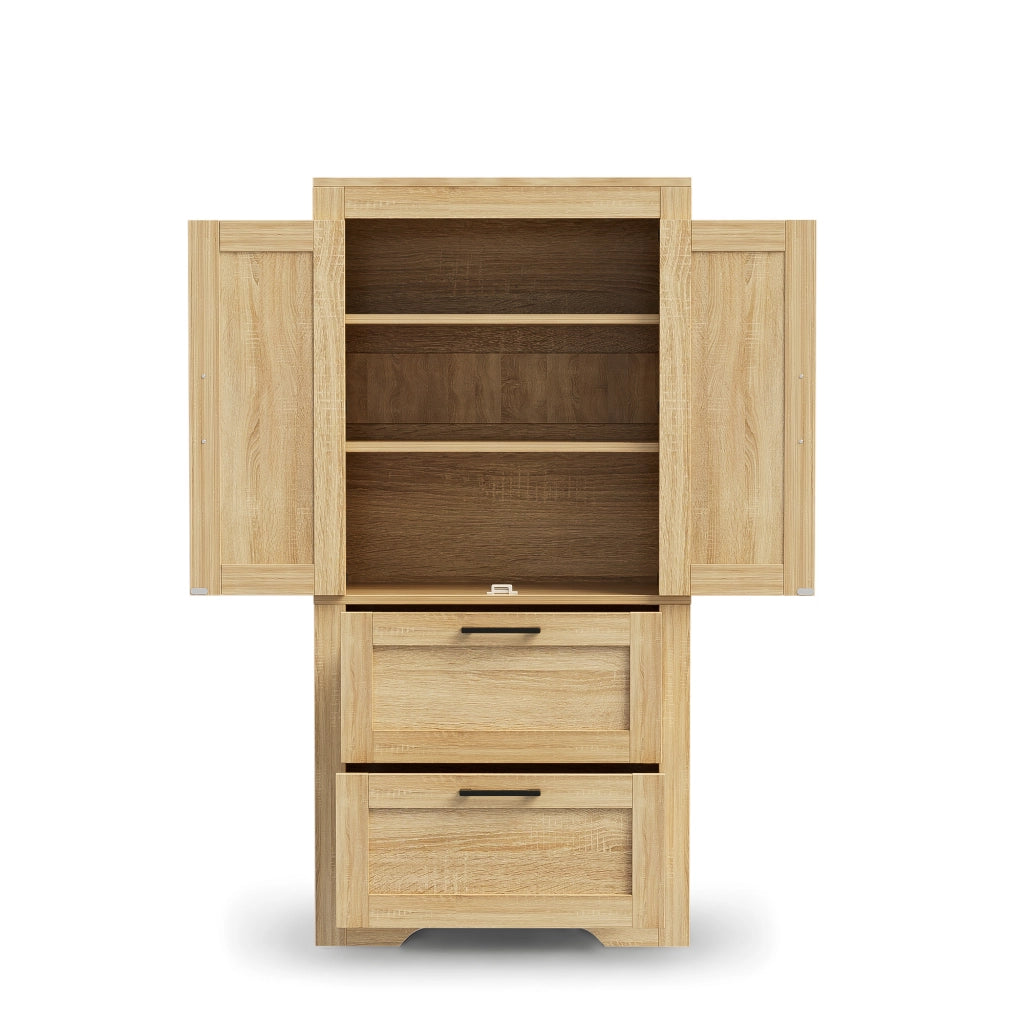 Credenza alta in stile rustico con 2 cassetti, ripiani regolabili e struttura in MDF, colore naturale