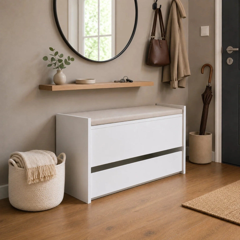 Cassapanca Contenitore Bianca con Cassetto Inferiore e Vano Interno | Panca Ingresso Salvaspazio con Chiusura Soft Close | Baule Multiuso 90x40x46 cm