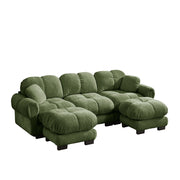 Divano panoramico a U 3 posti modulare con pouf mobile e cuscini; per soggiorno in chenille verde