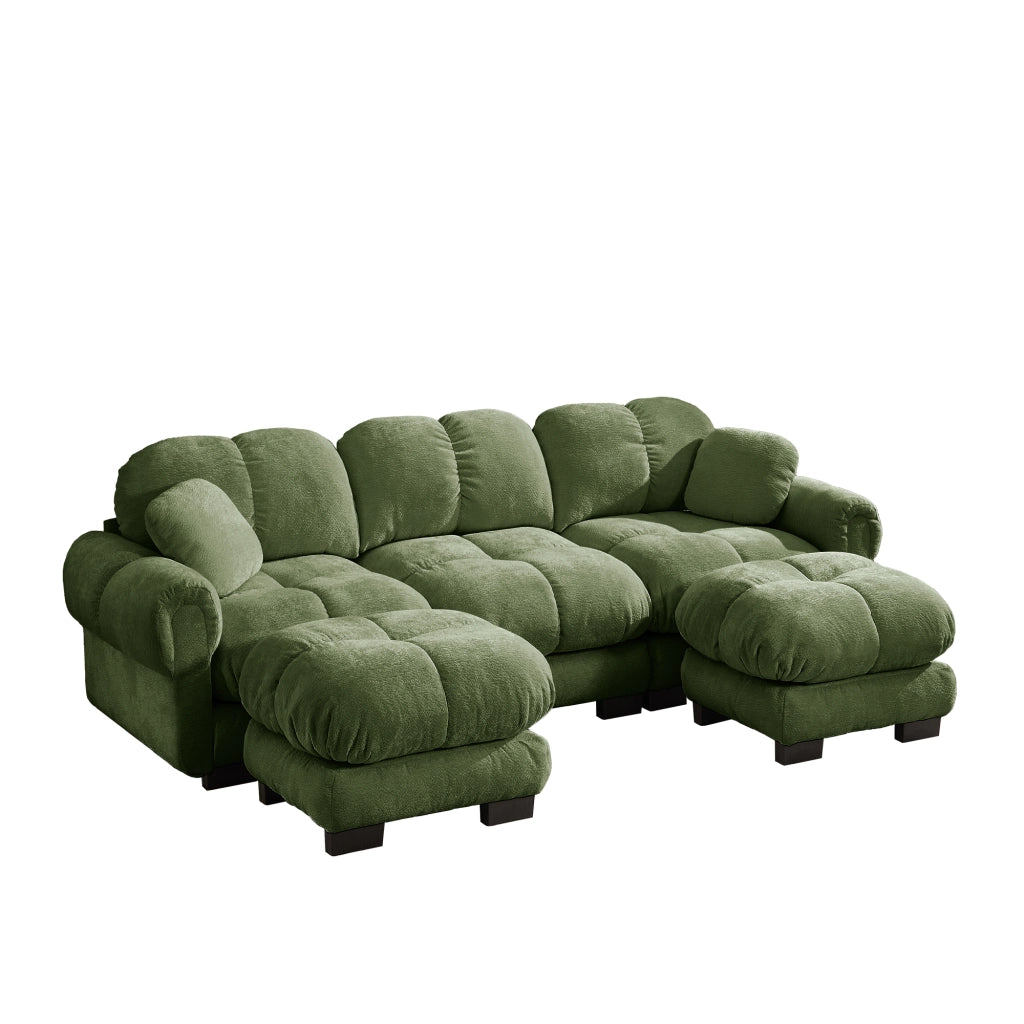 Divano panoramico a U 3 posti modulare con pouf mobile e cuscini; per soggiorno in chenille verde
