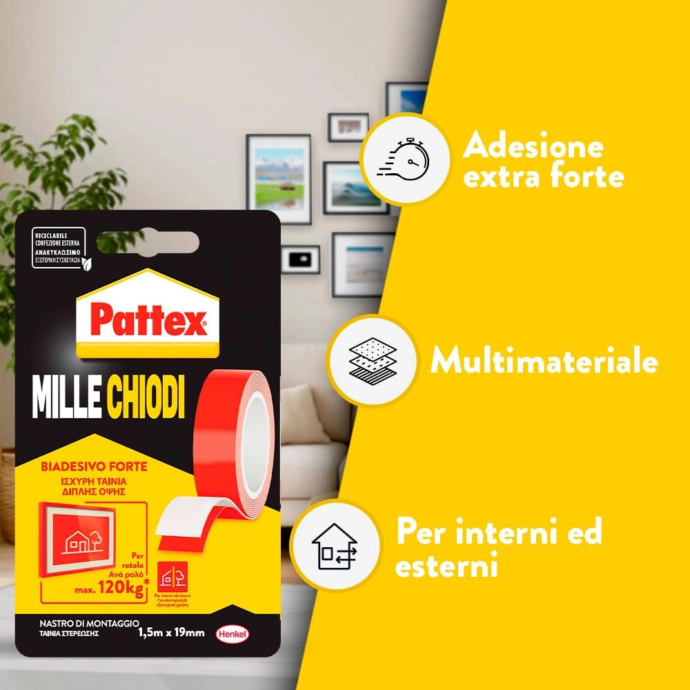 Nastro Biadesivo Extra Forte Millechiodi 19 mm x 1,5 m per Interni ed Esterni Fino a 120 kg di Tenuta Pattex Henkel