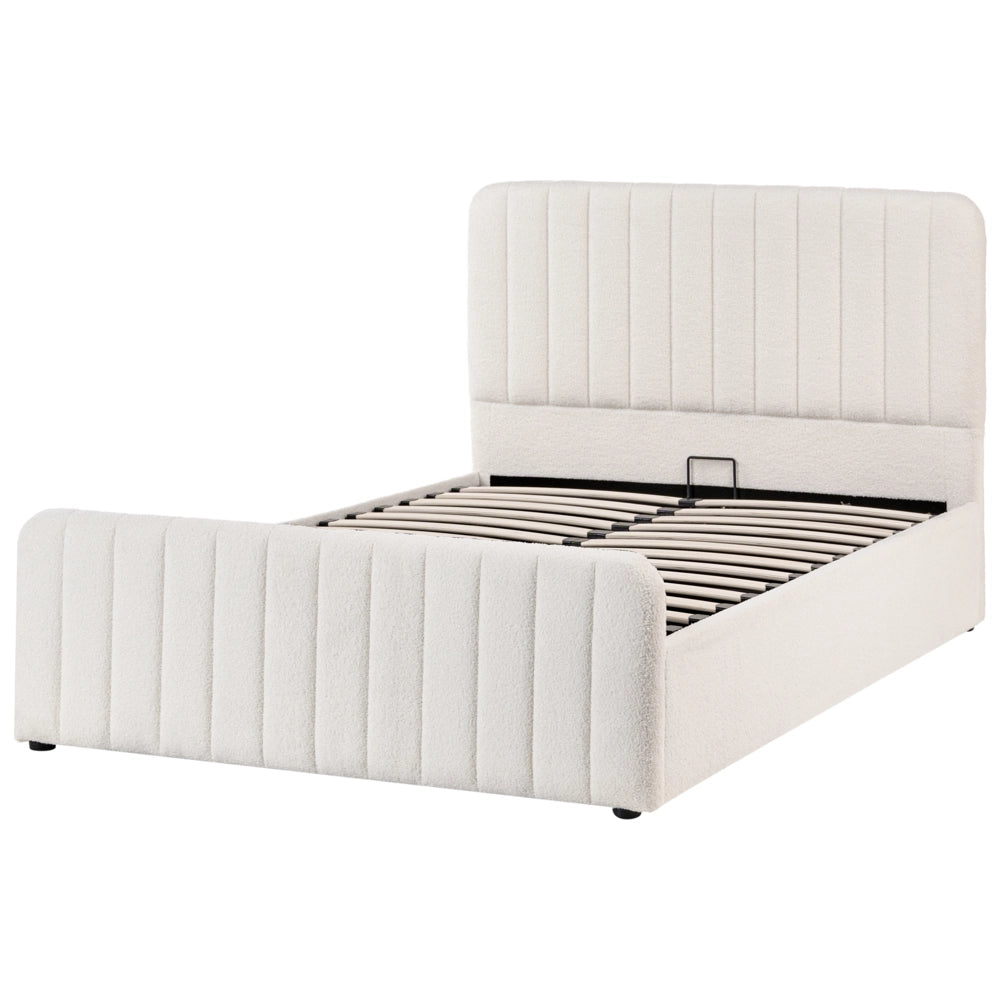 Letto matrimoniale con contenitore imbottito Boucle tessuto bianco 120 x 200 cm con testiera e pediera contenitore sollevabile