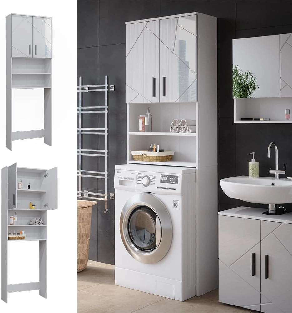Mobiletto per lavatrice Irma, Bianco lucido, 64 x 190.5 cm, adatto per riporre oggetti e come supporto per lavatrici