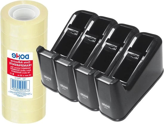 Pacchetto con 4 dispenser di adesivo e 8 strisce di adesivo (19 mm x 33 m) - facile da tagliare a misura - fondo antiscivolo - materiale per ufficio - nero
