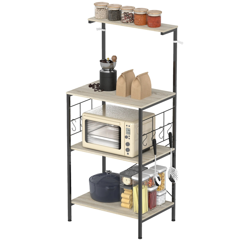 Scaffale Cucina a 4 Livelli con Pannelli a Rete e 8 Ganci Stile Industriale, 60x42x134.5 cm, Rovere