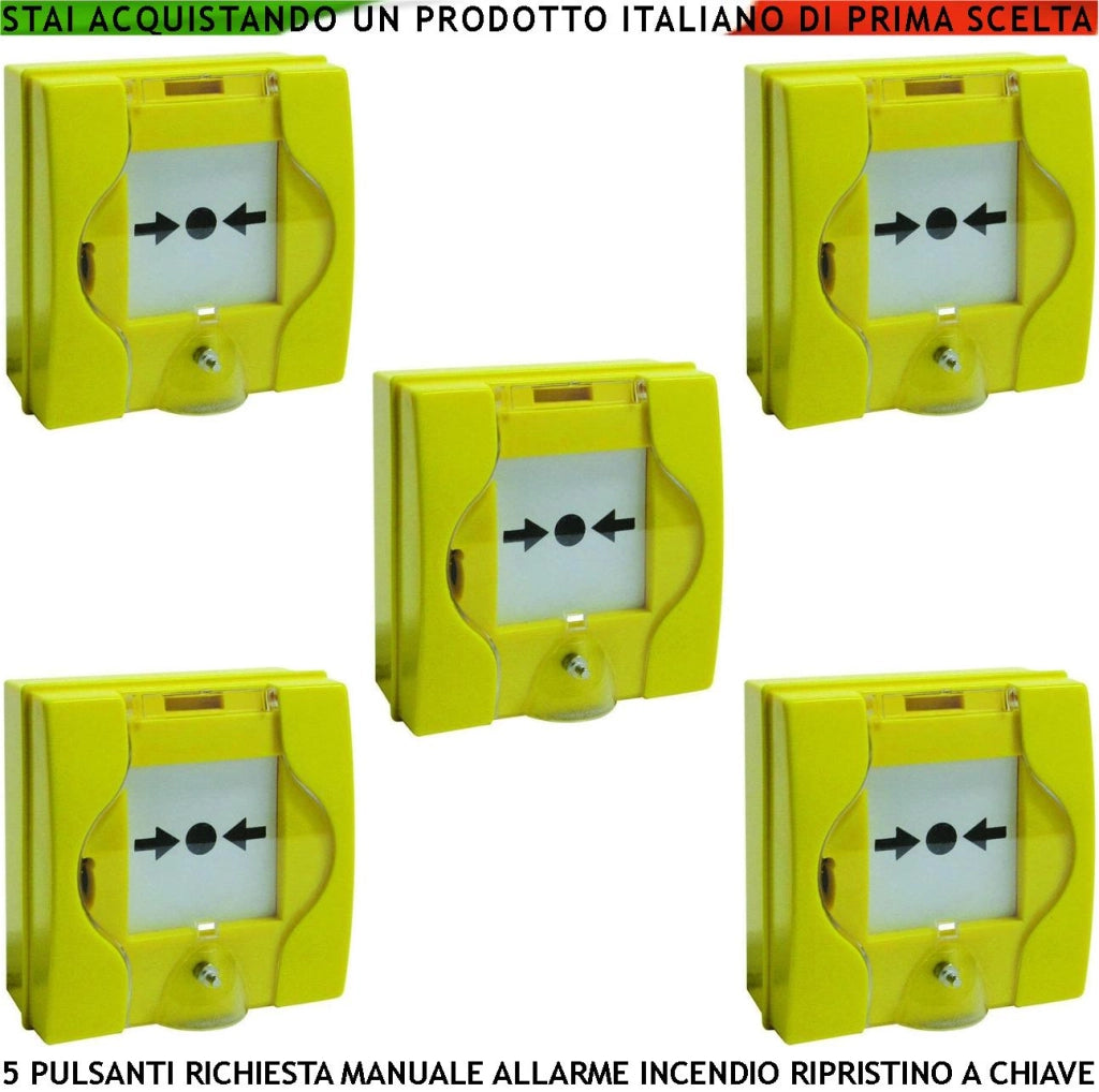 PULSANTI EMERGENZA ROTTURA VETRO GIALLI 5 PEZZI RICHIESTA INTERVENTO INCENDIO RIPRISTINO A CHIAVE SBLOCCA PORTE REI EN 54-11 CPD