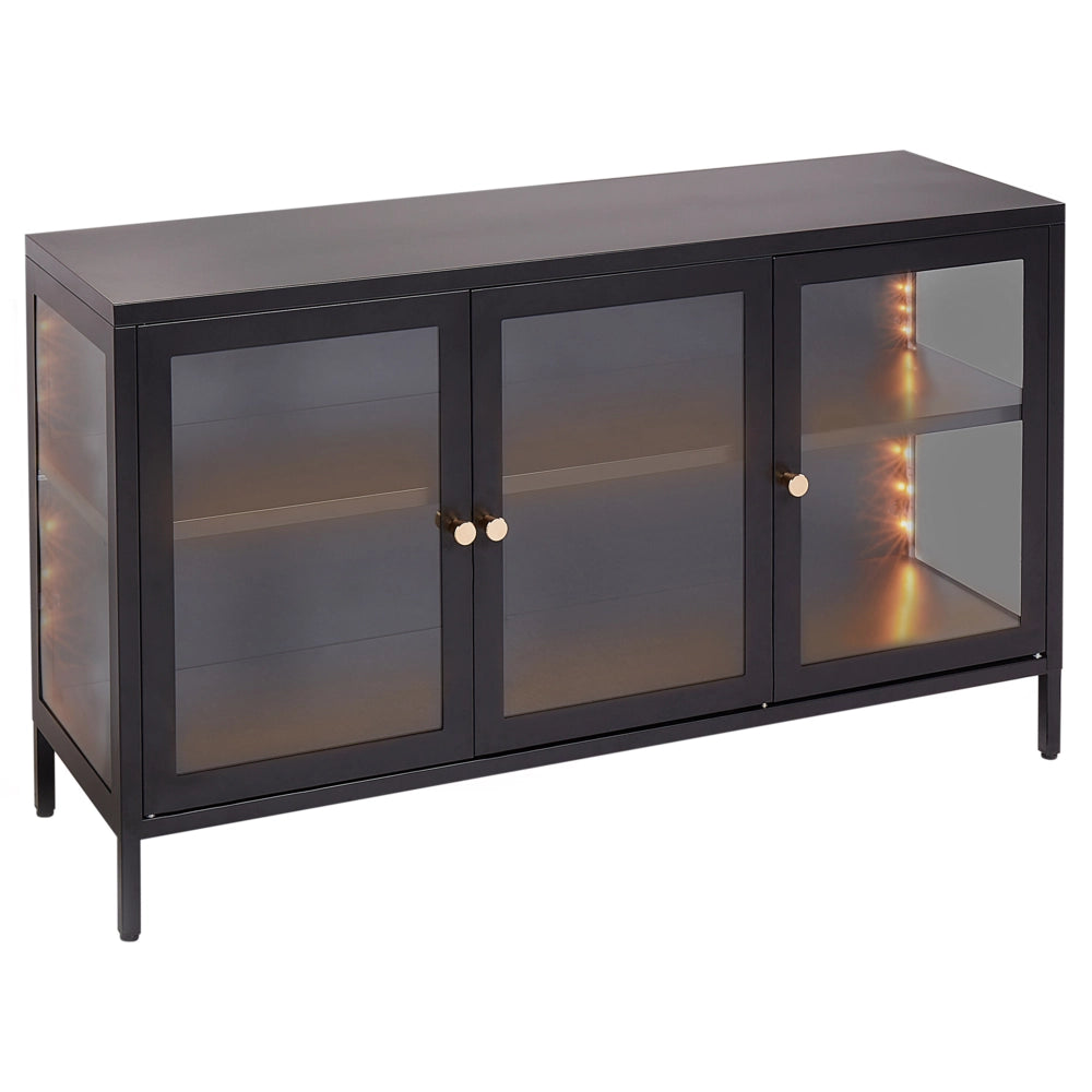 Credenza a 3 ante in acciaio nero con vetro temperato, ripiani regolabili, tappi per le gambe, mobili per il soggiorno dal design moderno.