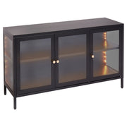 Credenza a 3 ante in acciaio nero con vetro temperato, ripiani regolabili, tappi per le gambe, mobili per il soggiorno dal design moderno.