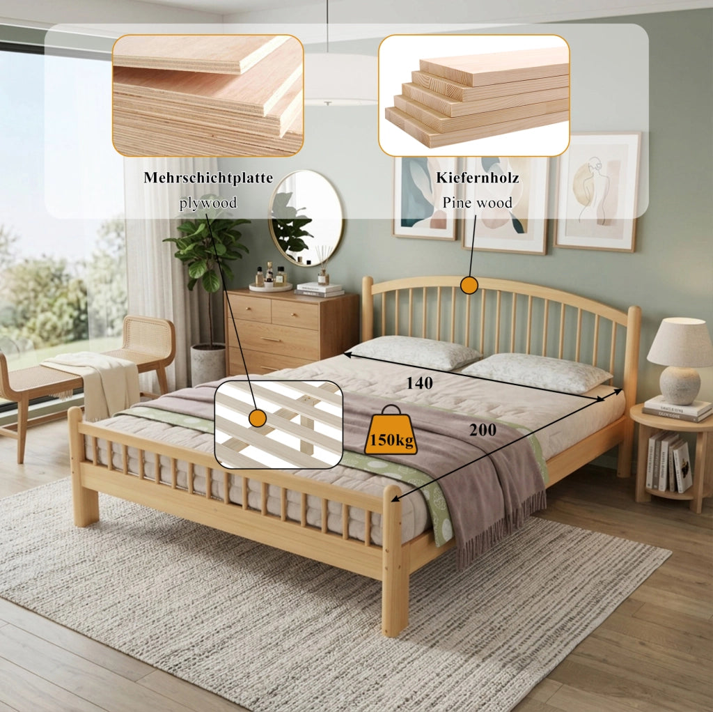 Letto in legno di pino 140x200 cm con rete a doghe