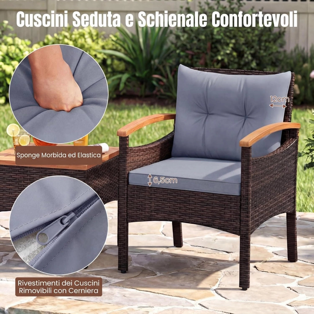 Set Salotto da Giardino per 2 Persone, Poltrone da Giardino in Rattan e Legno con Tavolino Laterale, Salottino da 3 Pezzi con Cuscini per Cortile, Veranda e Balcone (Grigio)