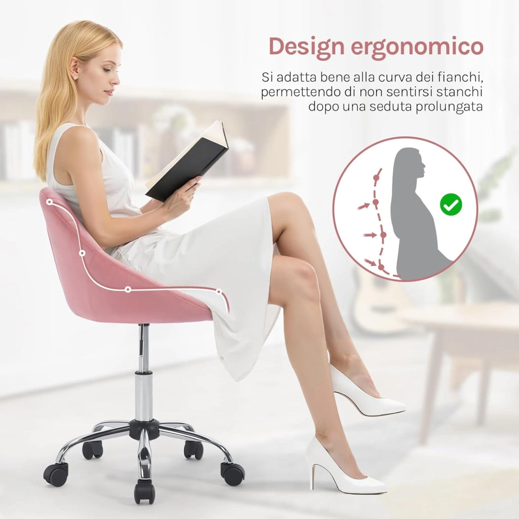 Sedia da Scrivania per Casa Regolabile in Altezza con Rotelle, Sedia Trucco Girevole Ergonomica, Ufficio, Camera da Letto, Studio, Velluto, Rosa, BS167rs