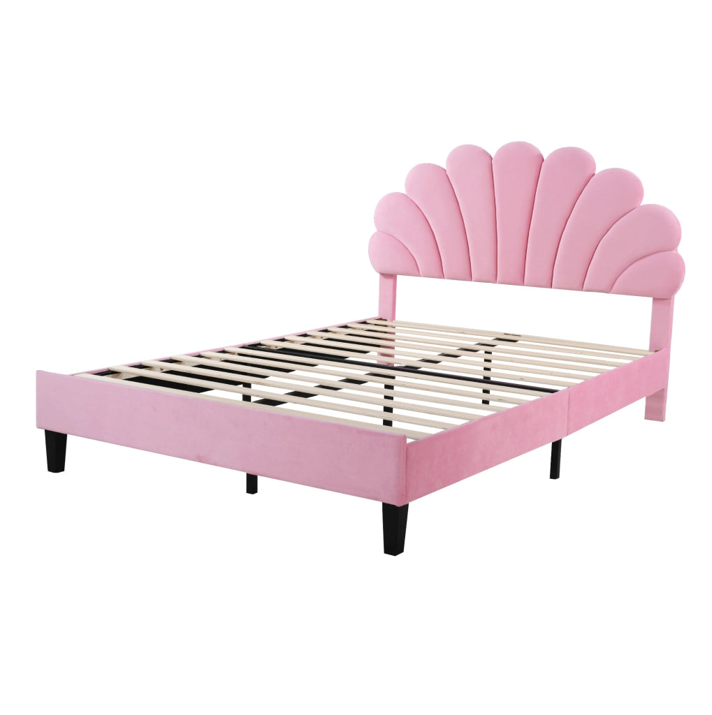 Letto imbottito 140x200 cm in velluto rosa con testiera floreale e 12 doghe