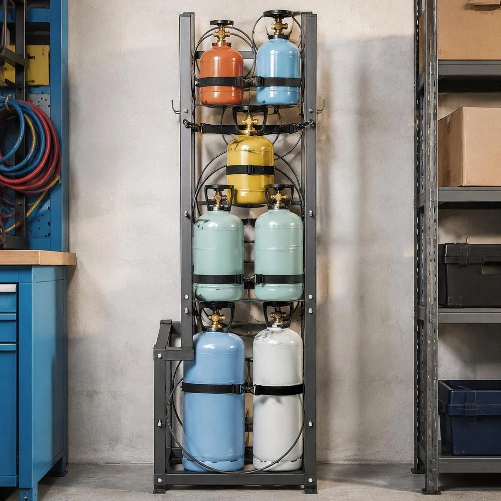 Refrigerant Tank Rack, With 1 X 50 Lbs, 2 X 30 Lbs And 3 Additional Small Bottle Tanks, Cylinder Tank Rack 15.55 X 12.99 X 49.8 Inches, Refrigerant Cylinder Rack And Brackets For Freon, Gases
