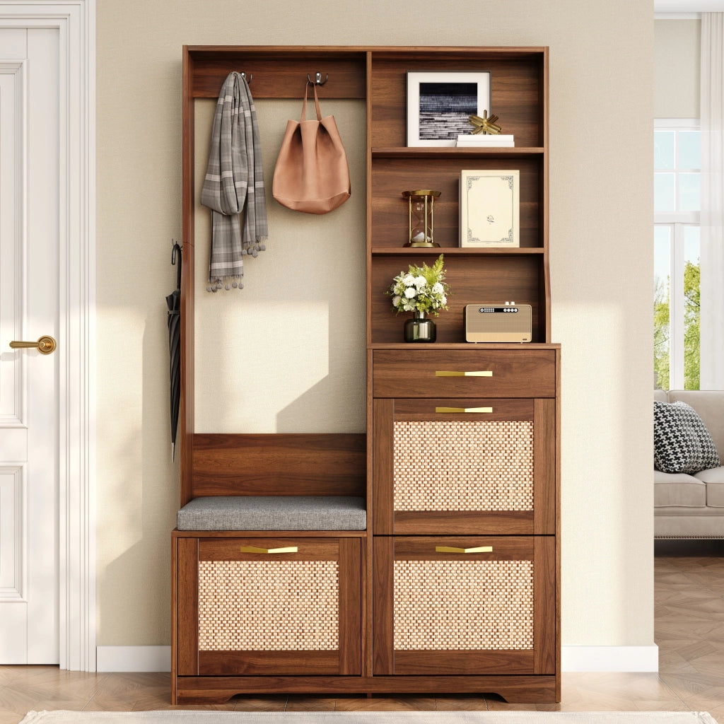 Mobili da ingresso con panca, 3 ante ribaltabili, cassetto, ripiani aperti e ganci, in MDF, noce, 100 × 30 × 170 cm