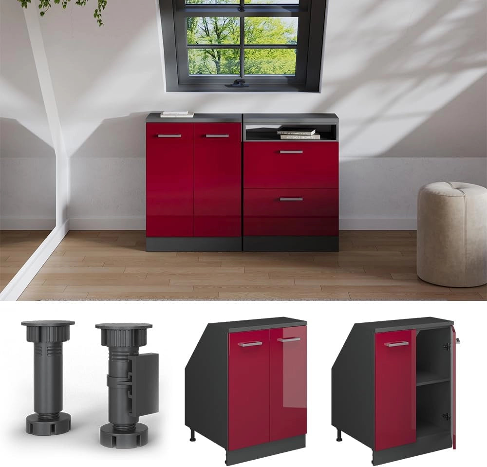 Mobile sottotetto Rion, Rosso lucido, 60 x 81.6 cm con 2 porte, carcassa 60 cm profondità, adatto per il salvaspazio sotto tetti spioventi