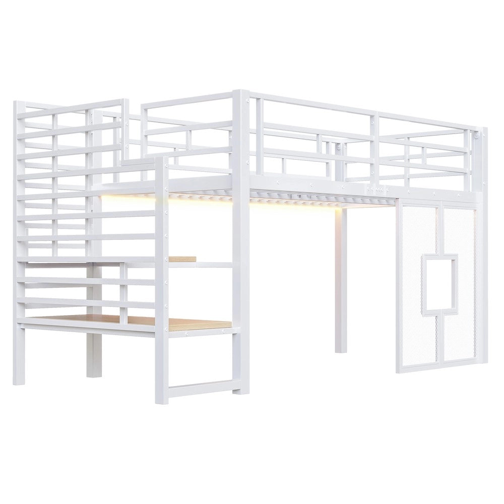 Letto a Soppalco con Scala, Contenitore, LED e Finestre ¨C MINIMAL ¨C 90x200, Bianco, Metallo