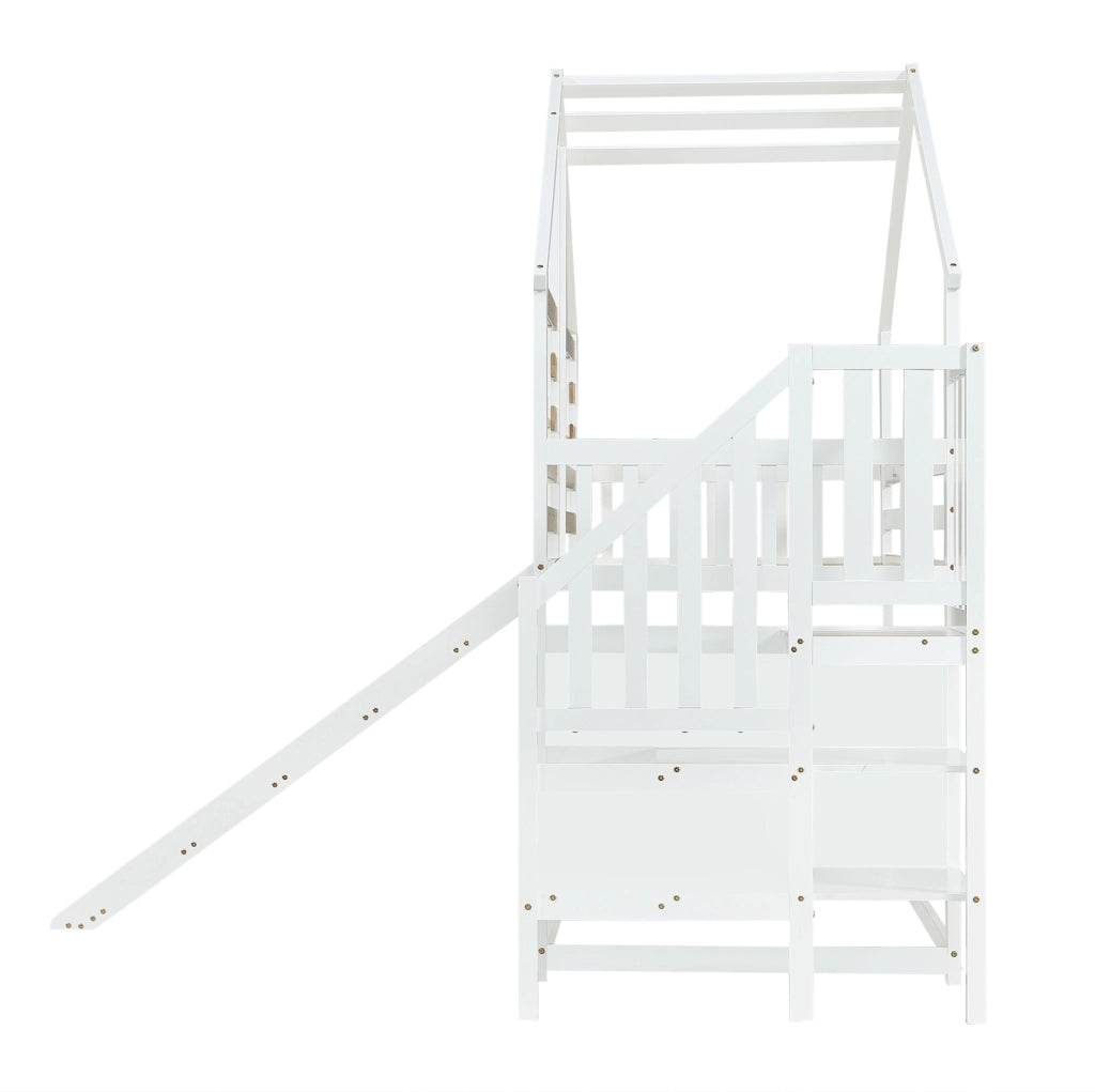 Letto a castello per bambini con scivolo, scala e finestre 90x200 cm