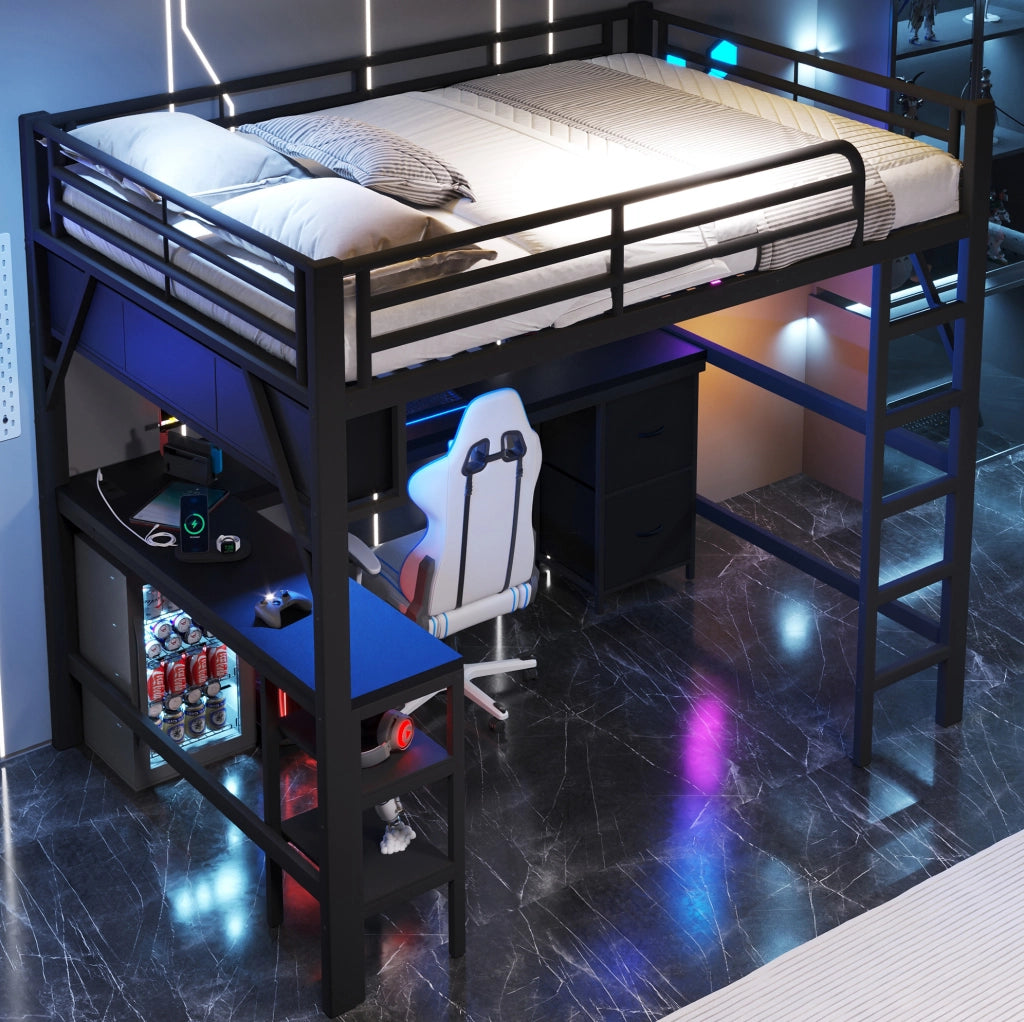Letto a soppalco 140x200 cm con scrivania, LED e USB, nero