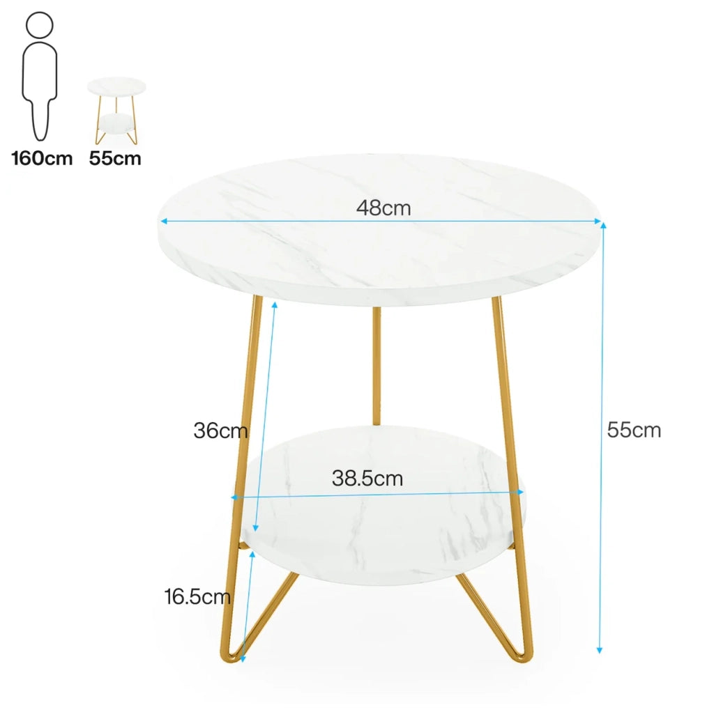 Tavolino rotondo a 2 ripiani bianco e oro, 47 x 47 x 55 cm